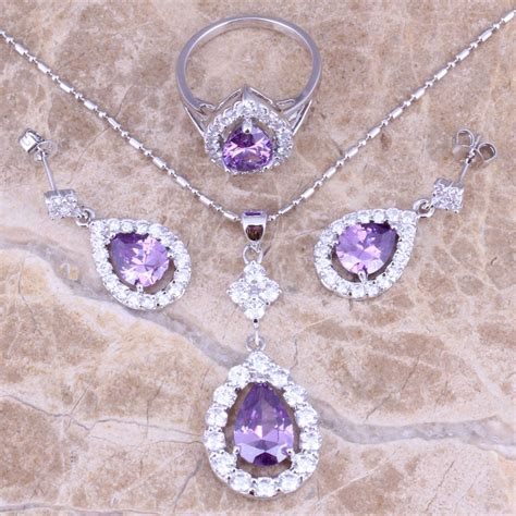 Purple Cubic Zirconia White Cz Silver Plated Jewelry Sets Earrings