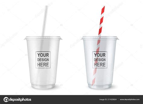 vector realistic  empty clear plastic disposable cup   straw set closeup isolated