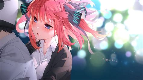 gotoubun no hanayome nino nakano fuutarou uesugi pink hair blue eyes short hair digital art by