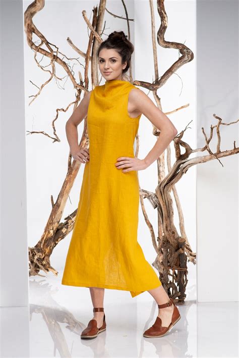 Mustard Linen Dress Linen Clothing Women Ruffle Linen Dress Etsy