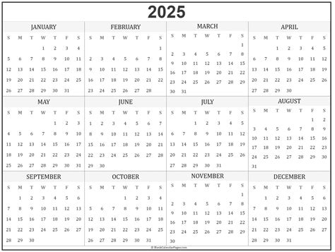 Free printable yearly calendar 2025