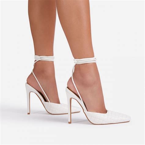 Lifted Lace Up Quilted Pointed Toe Court Heel In White Faux Leather Shoes Post