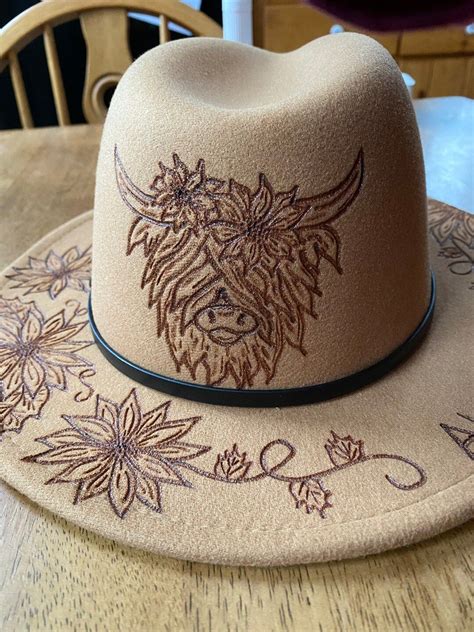 Sunflower Highlander Cow Wood Burned Fedora Hat Custom Design Wear