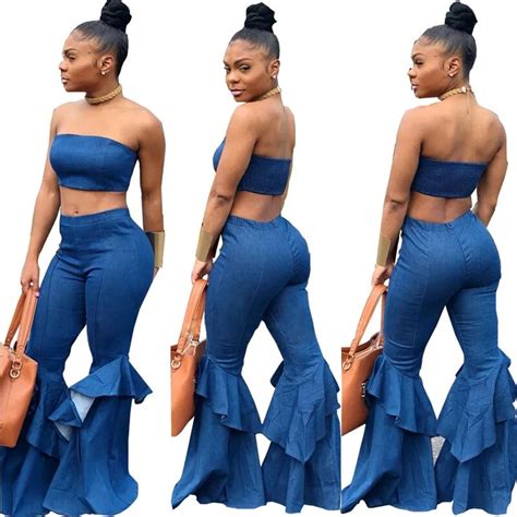 Denim Two Piece Set Summer Strapless Crop Top And Bell Bottom Jeans