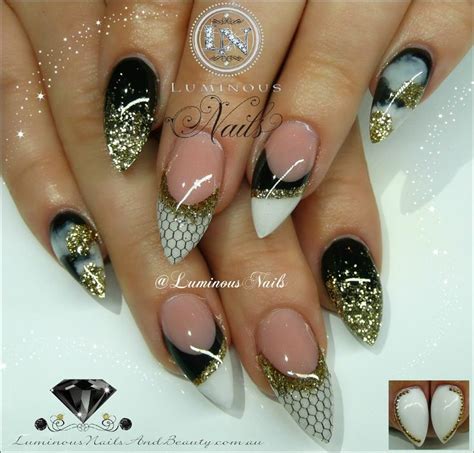 Luminous Nails: Black, White & Gold Nails with Netting ... How to acrylic nail art.