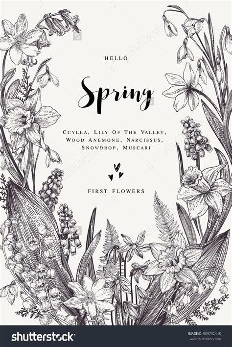 Black and white botanical prints, set of 6, minimalist printable, simple botanical art, botanical printables, plant decor, digital download. Floral wreath with spring flowers. Vector vintage ...