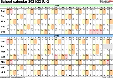 School Calendars 202122 Uk Free Printable Pdf Templates Images