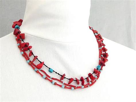 Turquoise And Red Coral Necklace Vintage Three Strand Jewelry Red Coral