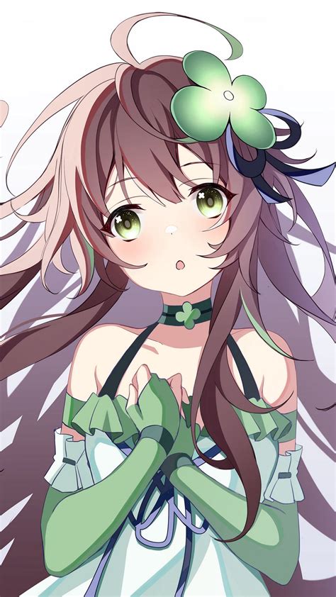 Download Wallpaper 1080x1920 Girl Clover Glance Anime Art Green