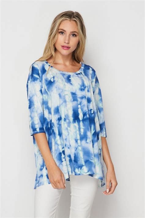 Honeyme Tie Dye Tunic Top With 34 Sleeves Blue And White
