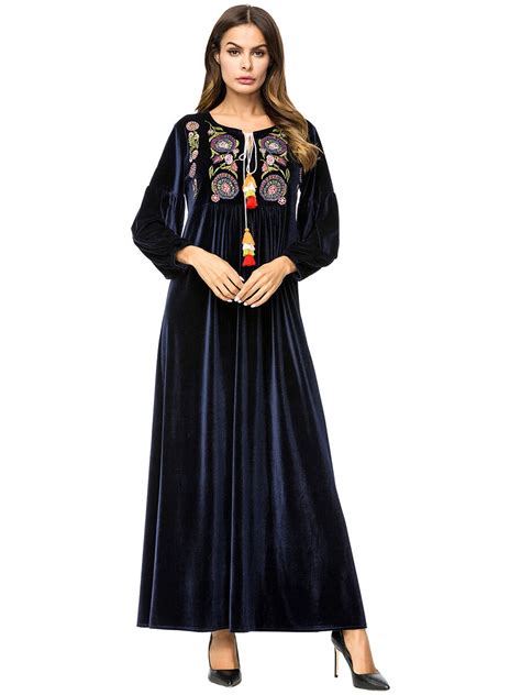 Muslim Women Long Sleeves Velvet Embroidery Dubai Dress Maxi Abaya Jalabiya Islamic Women