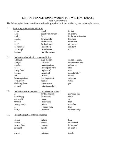 List Of Transition Words And Phrases For Essays Essay Transition Words List Essay Par