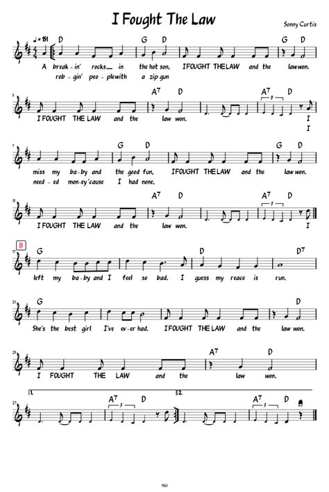 I Fought The Law Lead Sheet With Lyrics Sheet Music For Piano Solo Easy