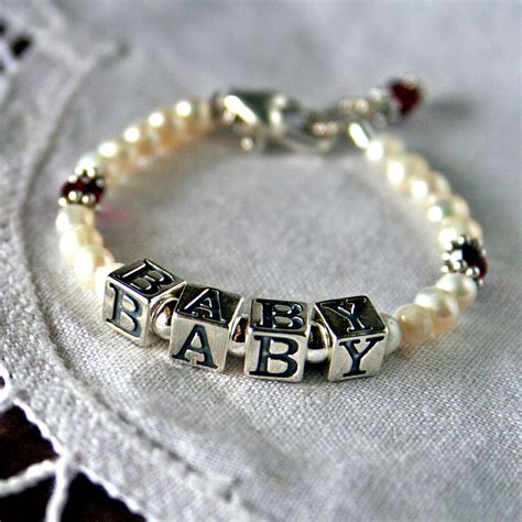 Birthstone And Freshwater Pearl Baby Name Bracelet