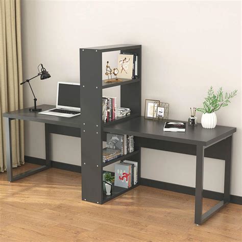 26h space between desk legs: Computer Office Desk with Shelves for Two Person, Extra ...