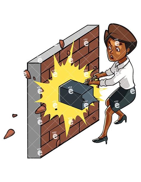 strong black businesswoman hammering brick wall cartoon business man