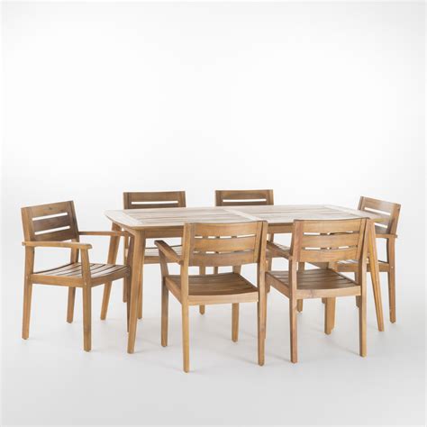 Stanford Outdoor Teak Finish Acacia Wood 7 Piece Dining Set Gdfstudio