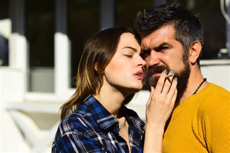 Sensual Couple Puffing Smoke Into Face Woman With Eyes Closed Stock Image Image Of Bristle