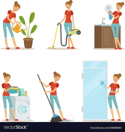 Woman Making Different Housework Active Mother At Homework Vector