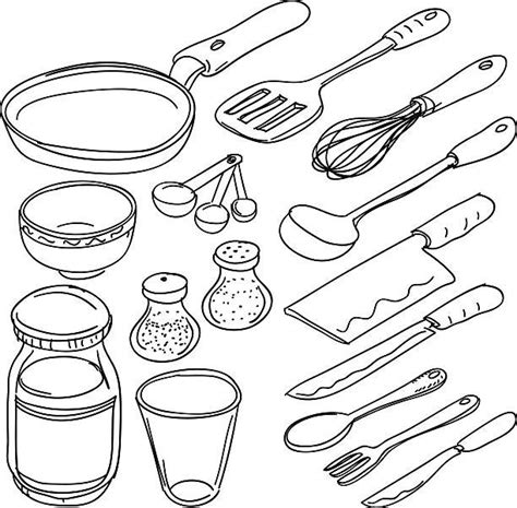 Kitchen Utencils In Sketch Style Black And White Utensils Drawing