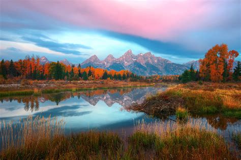 Usa Wyoming Autumn River Lake Reflection Mountain