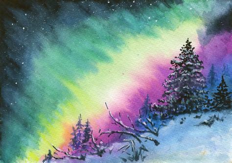 Northern Lights Painting Night Sky Small Original Watercolor Etsy