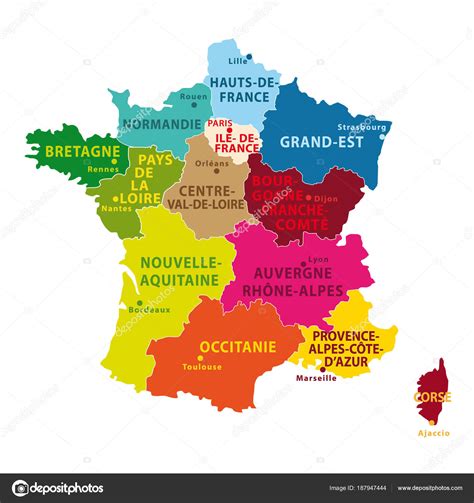Hermoso Colorido Mapa Francia Con Nuevas Regiones Capitales Ilustración