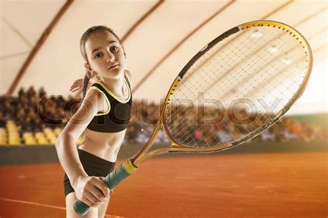 Little Caucasian Girl Playing Tennis On Stock Image Colourbox