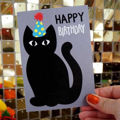 Black Cat Party Hat Birthday Card By Woah There Pickle