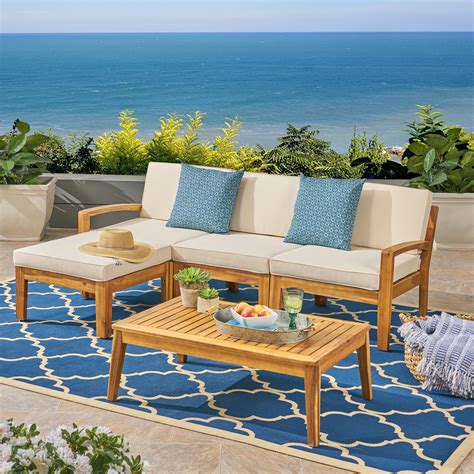 Wilcox Outdoor 5 Piece Acacia Wood Sectional Sofa Set With Cushions