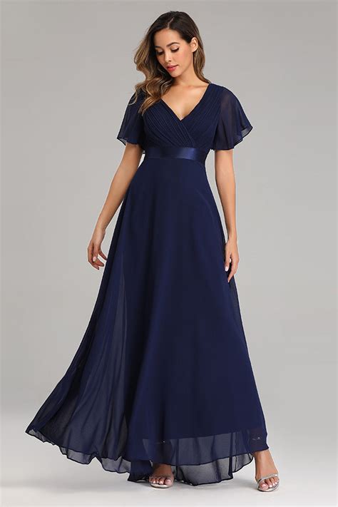 Flowy Chiffon Dark Navy Blue Prom Dress With V Neck Ruffled Sleeve Promdress Me Uk