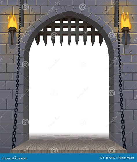 Porta Medieval Do Castelo Com Uma Ponte Levadiça E Tochas Com Um Branco