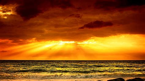 Heavenly Golden Light Golden Ocean Sunset Clouds Sky Ray Wave