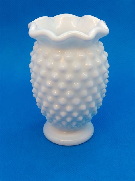 Fenton White Hobnail Milk Glass Ruffled Edge Small Vase 35 Etsy