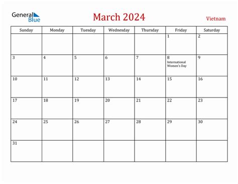 March 2024 Monthly Calendar With Vietnam Holidays