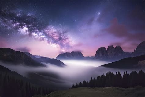 Milky Way Over Mountains In Fog At Night In Summer Landscape With