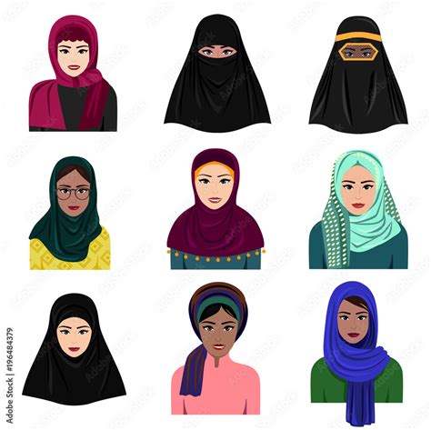 Vector Illustration Of Different Muslim Arab Women Characters In Hijab Icons Set Islamic Saudi
