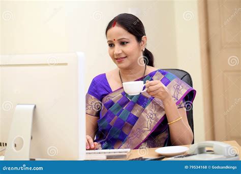 Traditional Indian Business Woman At Office Desk Stock Photo Image Of