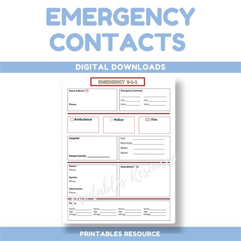 Emergency Contact Printable Contact List Info Sheet Etsy