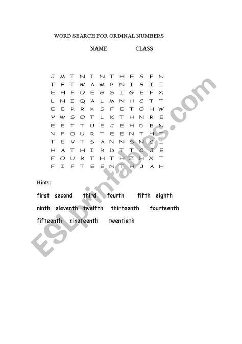 English Worksheets Word Search For Ordinal Numbers