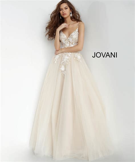 Jovani 02758 Nude Floral Applique Plunging Neck Prom Gown