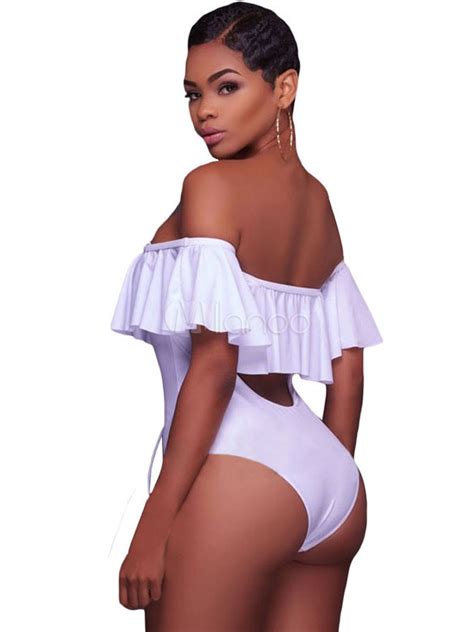 White Bathing Suits Off The Shoulder Lace Up Half Sleeve Ruffles