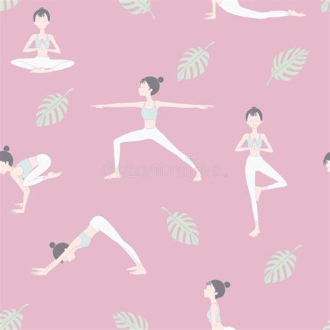 Vector Yoga Girls Seamless Pattern With Various Postures And Leaves