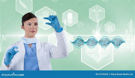 Female Doctor Gesturing By Dna Structure Stock Photo Image Of