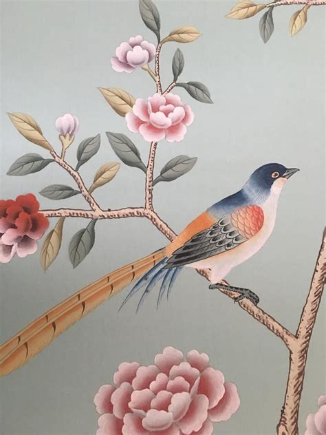Colorway Chinoiserie Handpainted Wallpaper On Blue Silk Etsy Hand