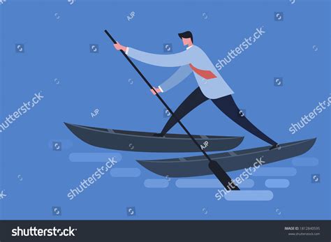 Illustration Businessman Standing Two Boats Rowing Stock Vector
