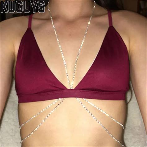 Kuguys Trendy Sexy Gold Silver Beach Bikini Breast Chains Women Crystal Tassel Body Chain
