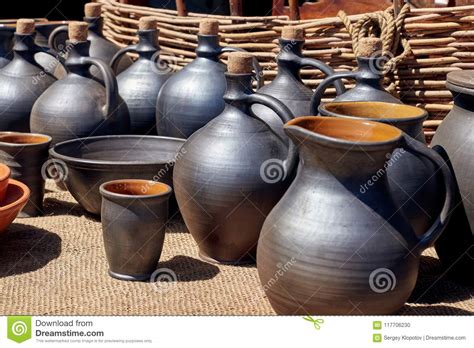 Set Kitchen Utensils Vessels Jugs Bowls Hand Made Clay Pots Against Backdrop Wicker Fence Rustic Style 117706230 
