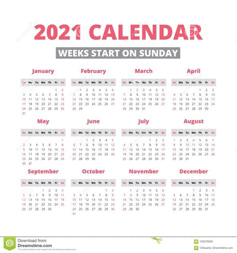 This calendar is very useful when you are looking for a specific date (holiday or vacation for example). Simple 2021 year calendar stock vector. Illustration of illustration - 120279203