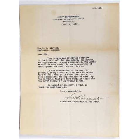 Franklin Roosevelt Signed Navy Letter 1918 [157003]